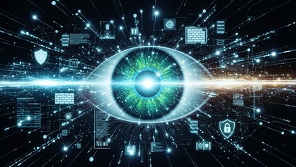 Glowing blue eye with green sparks and digital icons on transparent background