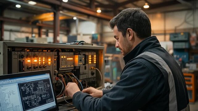 Skilled technician repairing industrial machinery in a modern factory setting