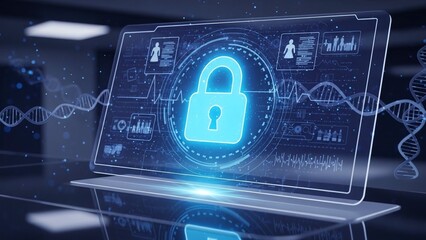 Glowing blue lock on laptop screen with futuristic interface on transparent background