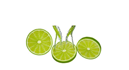 Vibrant green lime slices frozen mid-impact, generating an explosive crown splash in clear water, macro close-up shot with hard side lighting on a white background, concept for beverage advertising