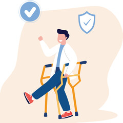 Injured businessman with crutches and cast speaking about insurance coverage. 