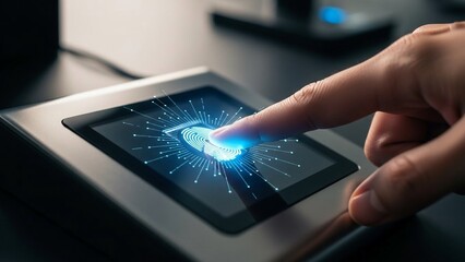 Finger scanning biometric authentication on futuristic device on transparent background