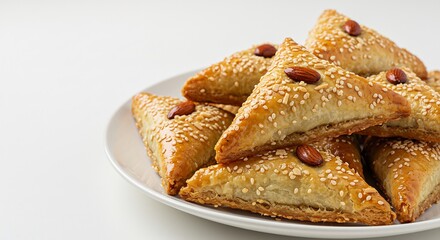 明るいスタジオ照明の下 白い皿に美しく積み上げられたゴールデンブラウンのサクサクした三角形ペイストリー 香ばしいゴマと艶やかなアーモンドが魅力的に輝き 温かい紅茶に合う絶妙な甘さ. AI Generated