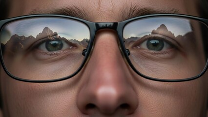 Person's eyes reflecting majestic mountains, a compelling visual metaphor for profound vision.