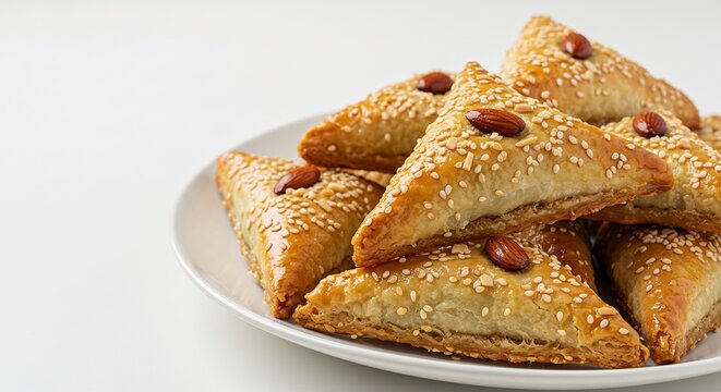 明るいスタジオ照明の下 白い皿に美しく積み上げられたゴールデンブラウンのサクサクした三角形ペイストリー 香ばしいゴマと艶やかなアーモンドが魅力的に輝き 温かい紅茶に合う絶妙な甘さ. AI Generated