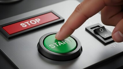 Hand activating a start button on a control panel, a potent metaphor for new beginnings and decisive action
