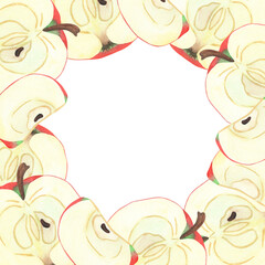 Hand-drawn watercolor illustration of an apple, slice, and halves, framed with fruit. Realistic ripe seasonal fruits.