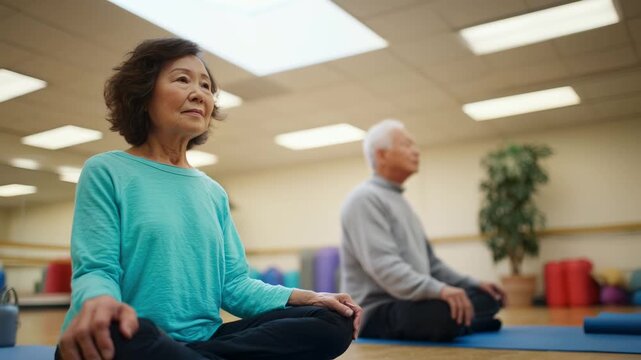 Senior Asian women meditating peacefully. Older couple practices yoga, promoting wellness and calm. Health, mindfulness, relaxation, fitness. Mature adults enjoy active lifestyle. Studio interior.
