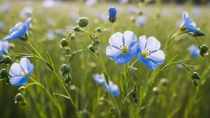 夕日の柔らかな黄金光を浴びてきらめく亜麻の花々 緑豊かな野原で繊細な青い花びらが生命の輝きを放ち心を癒す絶景を描く. AI Generated
