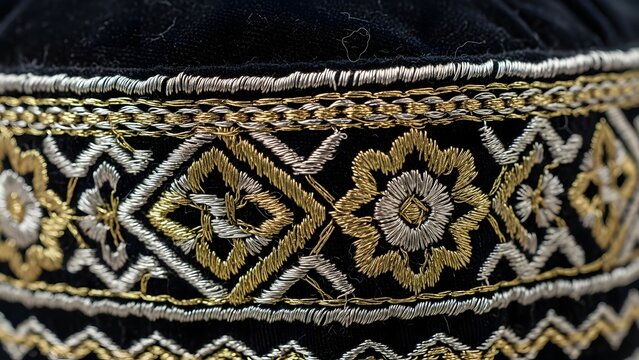 Close Up of Traditional Gold Embroidery on Black Velvet Songkok Cap
