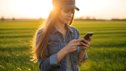 Young woman wearing a cap and denim jacket stands thoughtfully in a sunlit green field while intently using her modern smartphone for communication or data checking during sunset hours