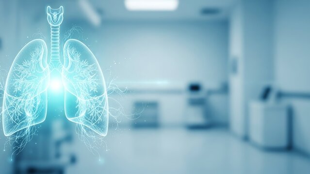 Digital representation of glowing human lungs in a medical environment, emphasizing advanced respiratory diagnostics and innovative healthcare technology for scientific research