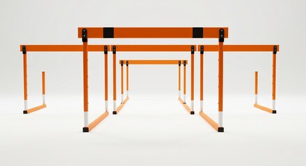 明るいスタジオで整然と配置された鮮やかなオレンジ色のハードルが次のステップへの挑戦を象徴するクリーンでミニマルなスポーツシーン. AI Generated