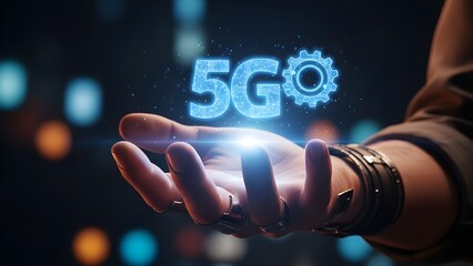 Innovative digital representation of the 5g technology symbol hovering above an open human palm glowing with bright blue light against a dark futuristic background suggesting connectivity and progress
