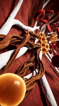 Glucose and Red Blood Cells Flowing Through a Microscopic View, Illustrating Insulin's Vital Role in Cellular Metabolism