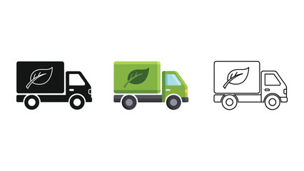 Eco-friendly delivery truck icon set with leaf symbol in flat, solid, and outline illustration representing green logistics