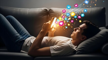 Young man relaxing comfortably on a dark sofa engrossed in his glowing smartphone screen as vibrant social media icons float upwards suggesting engagement and digital connection.