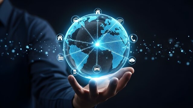 Businessman holding a glowing digital earth hologram connected to various smart service icons representing global internet of things connectivity and futuristic digital networking concepts - Powered by Adobe