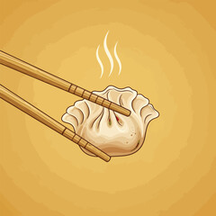Hot Steaming Dumpling Held by Chopsticks Vector Illustration