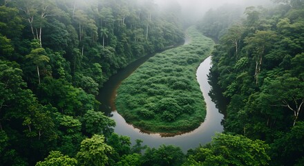 豊かな生命力あふれる熱帯雨林を悠々と流れる蛇行した川 幻想的な霧が漂う深緑の森の風景. AI Generated