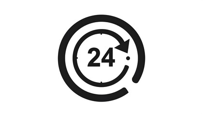 Obraz premium Circular icon showing '24' with a clock-like arrow orbiting it, all rendered in black against a clean white background