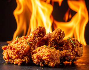 Crispy, golden-brown fried chicken pieces are presented against a dynamic backdrop of bright orange flames, suggesting a hot and spicy flavor.