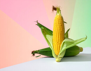 Two fresh ears of corn on a white surface with a vibrant geometric background of pink, peach, and green. One stands partially husked, revealing bright yellow kernels.