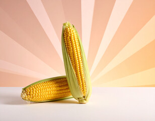 Two partially husked ears of fresh yellow corn stand and lie on a white surface, set against a warm, peachy sunburst gradient background.