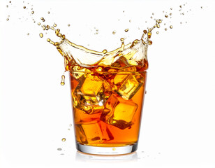 A refreshing amber-colored drink with ice cubes splashing out of a clear glass, set against a pristine white background.