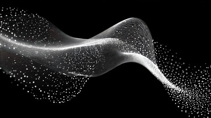 A flowing, abstract design with white particles against a black background, creating a sense of motion and elegance.