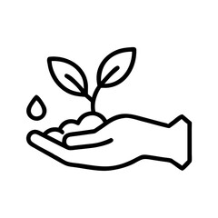 Hand holding small plant with water droplet in minimalist style  