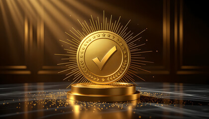 Luxury Golden Quality Assurance Checkmark Badge with Radiant Rays