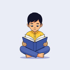 Young Boy Reading a Blue Book Illustration