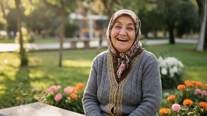 Joyful elderly woman smiling in a park surrounded by flowers and greenery during golden hour