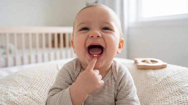 Adorable baby smiling with new tooth emerging