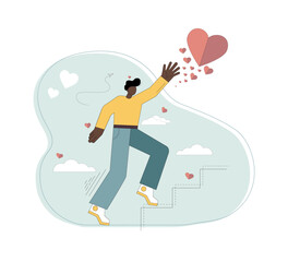 Vector illustration. A man runs up the stairs, trying to catch a heart. Love concept. In search of love..eps