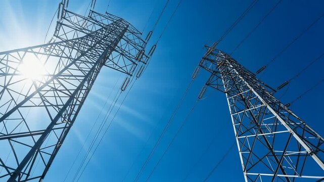 High Voltage Power Lines Against Clear Blue Sky, Energy and Infrastructure Concept