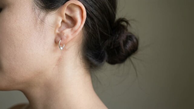 Close-up of a woman&rsquo;s ear showcasing a unique earring and subtle skin texture, perfect for lifestyle and beauty themes