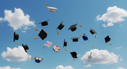 青い空に白い雲が浮かぶ中卒業帽や紙飛行機が自由に舞い上がり新たな門出を祝う喜びと解放感あふれる美しい瞬間. AI Generated