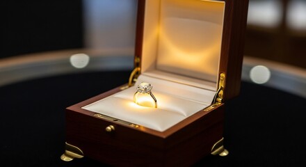 丁寧に磨かれた艶やかな高級木製リングボックスが静かに開かれ豪華なクッションに完璧にカットされたきらめくダイヤモンドリングが鎮座し幻想的なまでに輝く温かい黄金色の光に包まれ永遠の愛と無限の希望を呼び起こす神聖な感動の瞬間. AI Generated