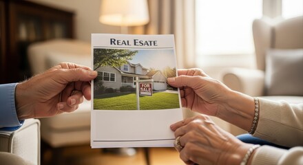 real estate agent senior clients concept. Couple discussing real estate with a property listing in hand.