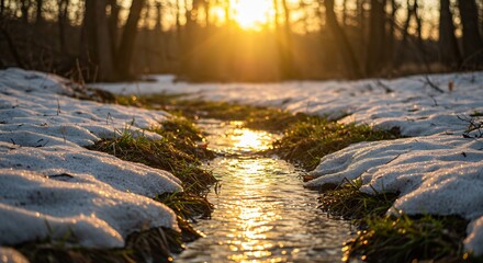 冬の森の奥深く雪解け水が流れ出す小川を夕日の柔らかな黄金色が温かく照らし水面が光を反射し煌めく静寂な情景. AI Generated