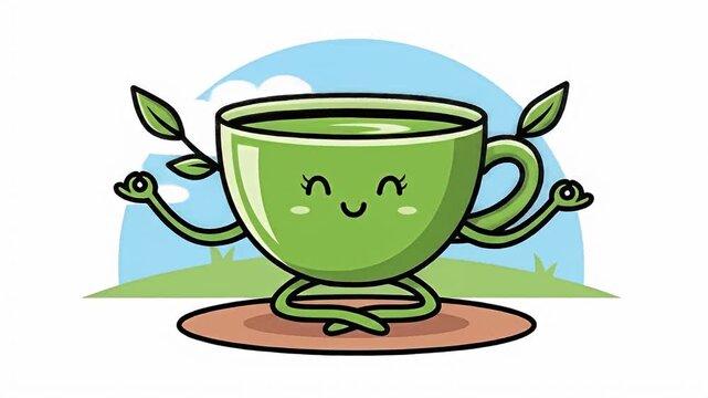 Cute Tea Cup Meditating Cartoon Illustration for Relaxation and Wellness.