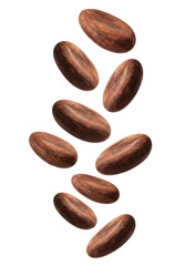 Obraz premium hyper-detailed macro of multiple mahogany cocoa beans floating dynamically against a transparent background, emphasizing texture and sheen, concept for premium chocolate ingredient advertising