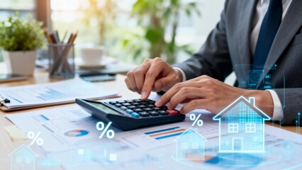 Businessman using calculator with financial data