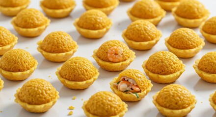 黄金色のセイボリータルトが明るい光の中で美しく並ぶエビが顔を出す魅力的な一口オードブルで食卓が華やぐ. AI Generated