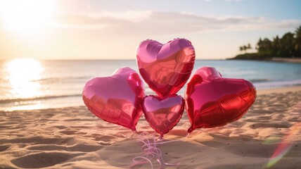 Romantic pink heart balloons on a serene beach at sunset