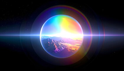 A vibrant cosmic landscape encapsulated in a colorful, luminous sphere against a starry backdrop