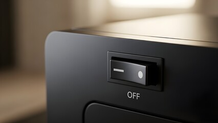 Close-up of a dark electronic device with an illuminated 'OFF' toggle switch, signifying power control and operation