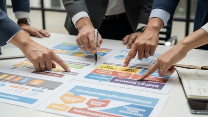 Close-up of business professionals&rsquo; hands pointing at printed roadmap charts during creative agency meeting, strategy and planning concept